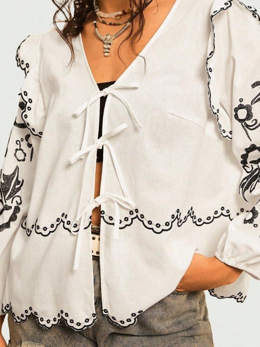 White Boho Women's Plus Size Floral Front Tie Ruffle Loose Blouse